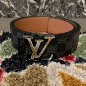 Louis Vuitton Black Checkered Belt with Silver Buckle